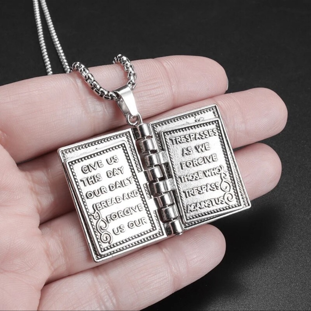 $5 BIBLE NECKLACE WITH TURNING PAGES. SILVER. NEW. $5 IF BUNDLED - Picture 4 of 12